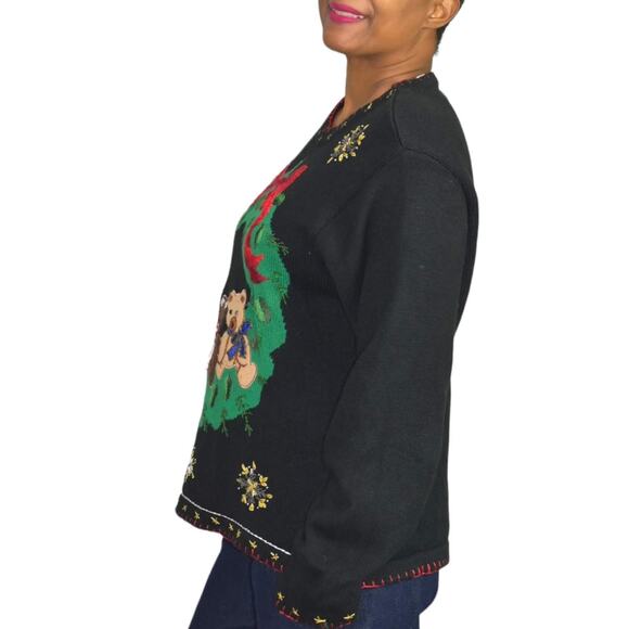 Ugly Christmas Sweater Vintage Teddy Bear Wreath Embroidery Knit Holiday Size XL - Picture 16 of 16